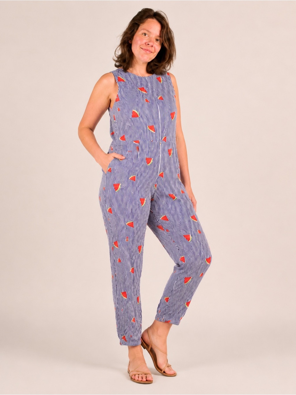 Glamorous Watermelon Stripe Jumpsuit UK 16 US 12 Cropped Summer Romper viscose